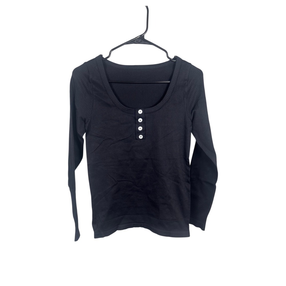 OQQ Ribbed Henley Top Scoop Neck Long Sleeve Stretch Knit Womens Size Small NWOT